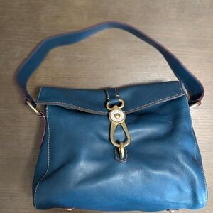 Dooney & Bourke Blue and Gold Shoulder Bag with Flap Closure